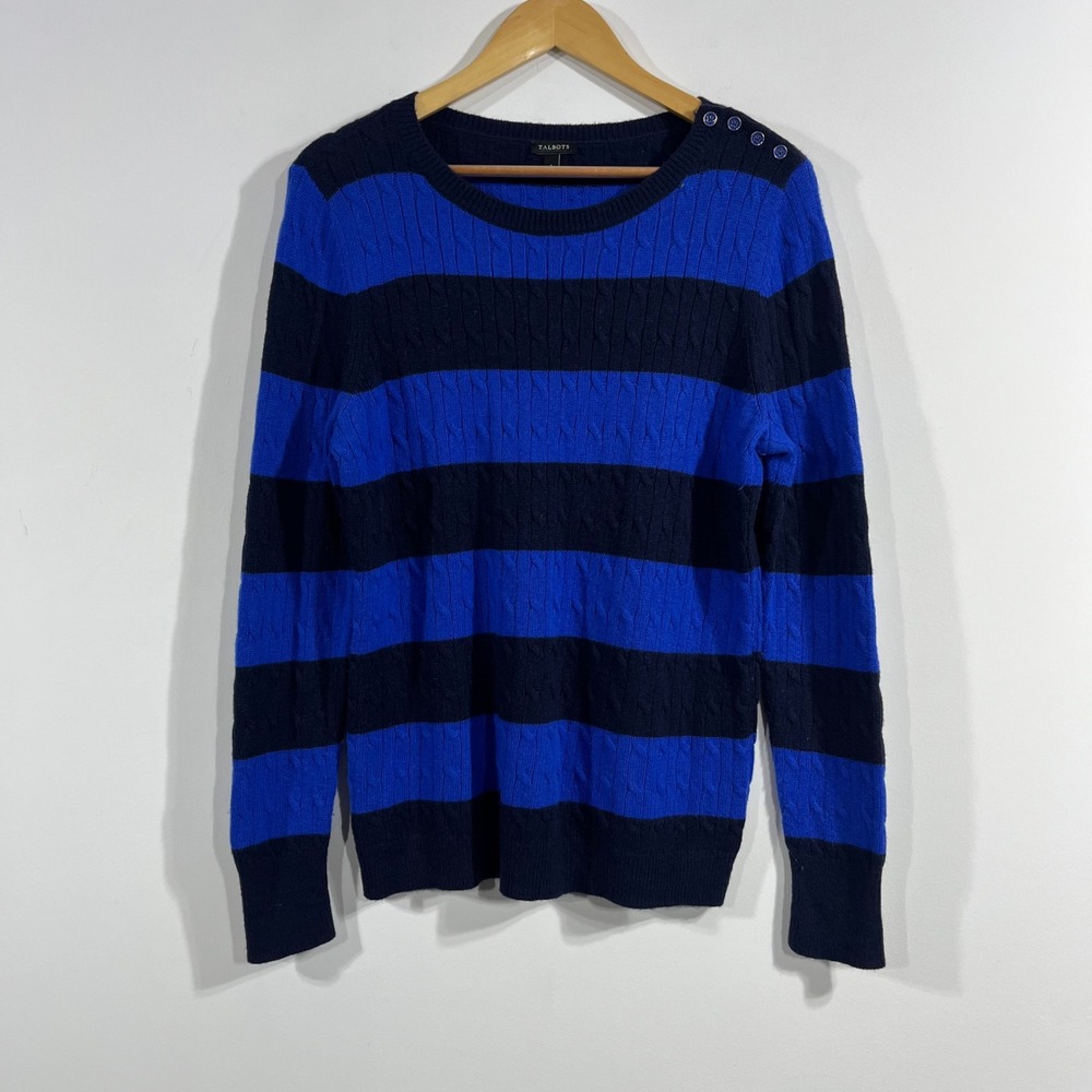 Talbots Fisherman Old Money Striped Cable Knit Lambswool Blend Sweater Large